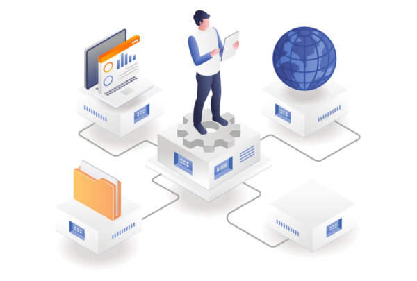 Man controlling data computer work with smartphone Man controlling data computer work with smartphone